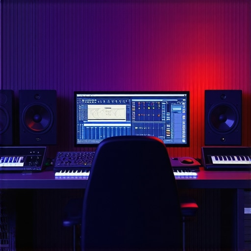 AI-Enhanced Studio for Sound Engineering Modern audio studio featuring AI-driven monitors and modular hardware