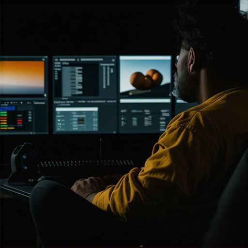 AI-Powered Video Editing Workspace 2024 Video editor using AI tools on a modern computer setup