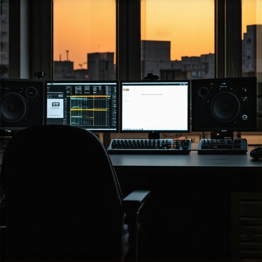 Advanced Content Creation Workspace 2024 Modern professional editing setup with multiple monitors and color grading tools