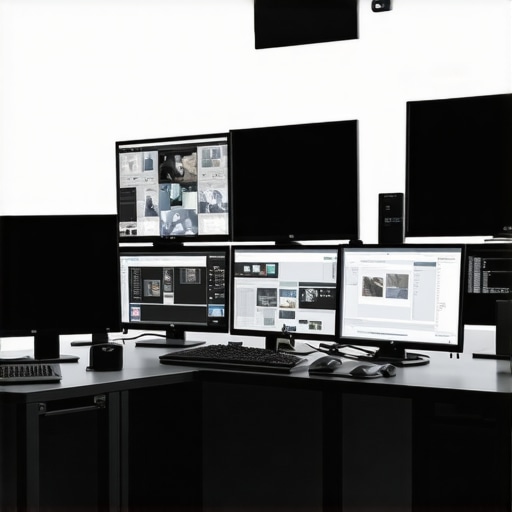 Advanced Content Creation Workspace with AI Integration A digital workspace with multi-layered editing interfaces and AI tools for content creators.
