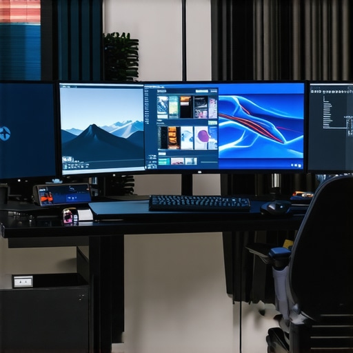 Professional editing station featuring multiple monitors, color calibration tools, and fast external SSDs.