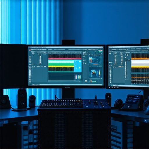 Advanced Editing Studio with AI Integration Modern editing studio featuring high-resolution monitors, audio equipment, and AI control interfaces.