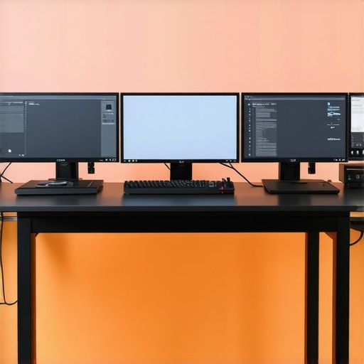 High-end editing workstation with monitors, calibration tools, and external SSDs