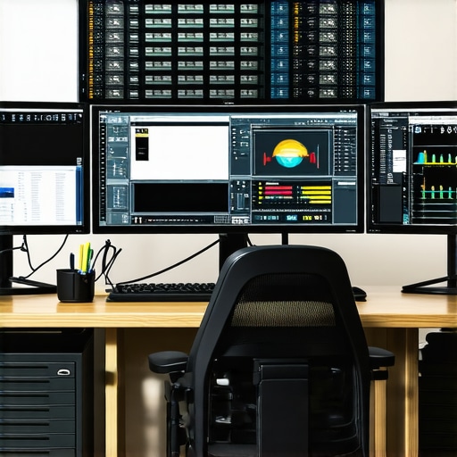 Advanced Editing Workstation with Multiple Screens A professional editing setup with multiple monitors showcasing complex video editing tools