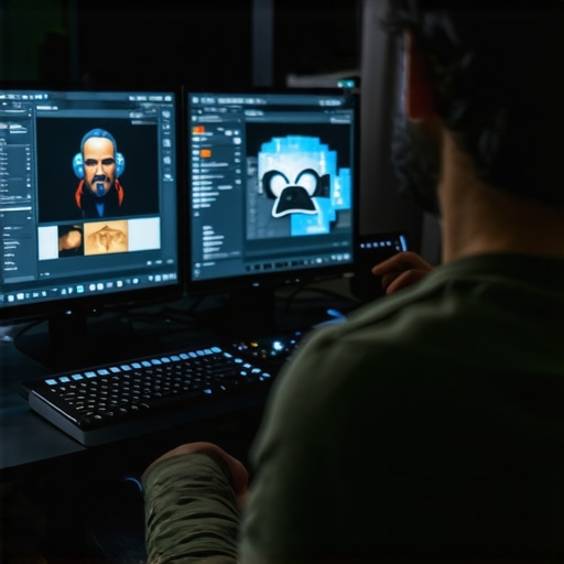 Advanced Video Editing Workstation with AI Integration A professional editor using AI-powered editing tools on a sleek workstation