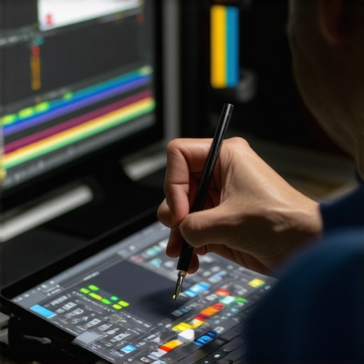 Expert Video Editing Setup with Advanced Input Devices Professional video editor working with a digital stylus and color grading monitor.