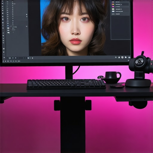 High-End Photo Editing Workspace with Calibration Tools A professional photo editing setup featuring calibration devices, ergonomic stylus, and modular control panels