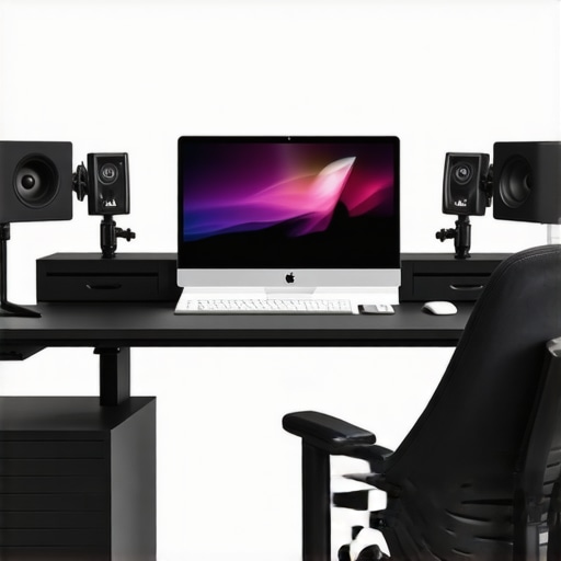 A modern professional video editing station featuring calibration tools, ergonomic peripherals, acoustic panels, and adjustable furniture