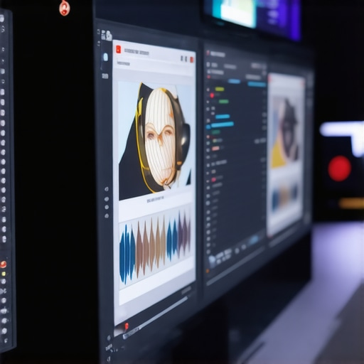 Next-Gen Content Creation Studio High-tech editing workspace with AI-powered interfaces and immersive media tools