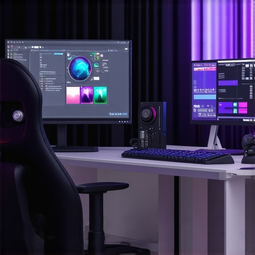 Futuristic content creation workspace with advanced hardware and ergonomic accessories