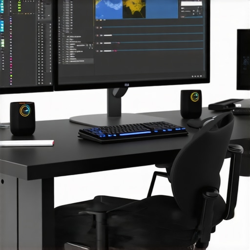 Modern AI-powered editing accessories and monitors in a professional studio