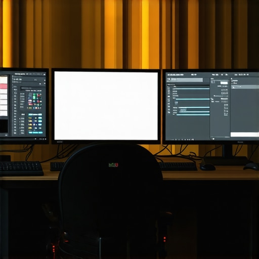 Modern multi-monitor editing station with AI hardware and color grading equipment