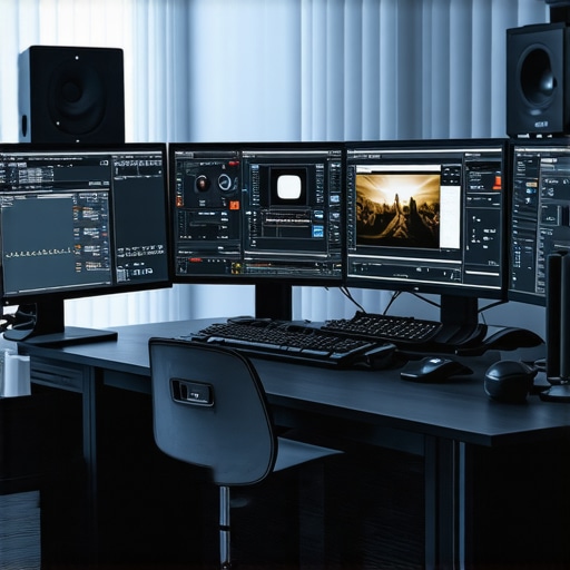 Advanced Editing Hardware Setup High-end video editing workstation with multiple displays and professional peripherals