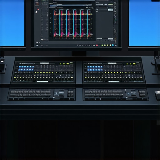 Modern AI-powered control surface with multiple screens and portable devices for video editing