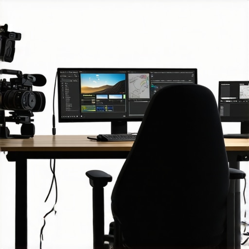 High-end video editing workstation with monitors, control surfaces, and hardware components
