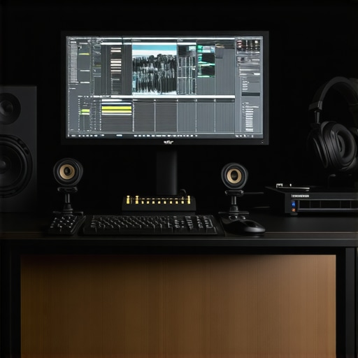 Modern multimedia editing workspace featuring high-end calibration tools and ergonomic accessories