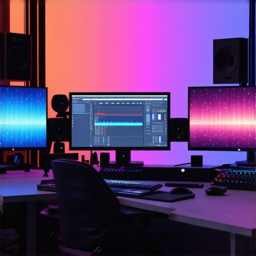 Advanced Editing Studio Setup Professional editing workspace with calibration monitors and audio gear for high-quality content creation