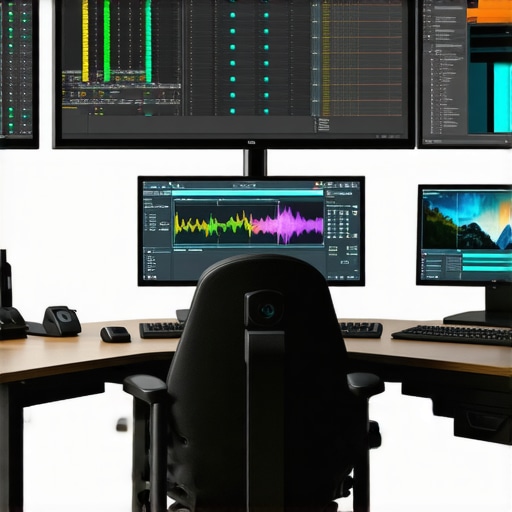 A modern video editing setup featuring dual monitors, color grading software, and AI-assisted editing tools.