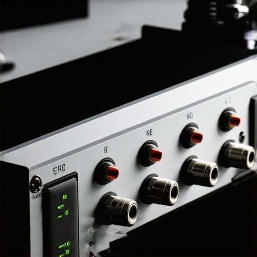 Close-up of a professional multi-channel audio interface with multiple inputs and outputs