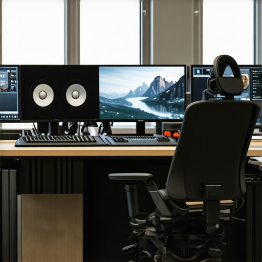 Modern multimedia editing workspace with high-tech gear and ergonomic design
