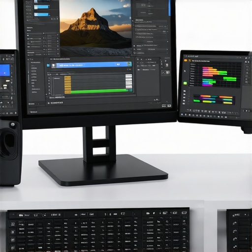 Modern editing station with calibrated monitor, high-end GPU, and AI editing software interface