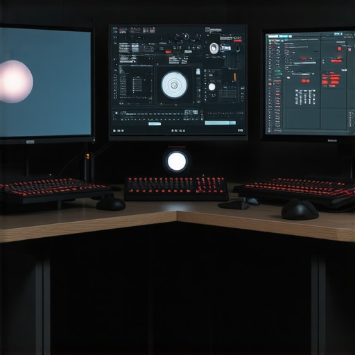 Modern editing setup with high-end accessories and dual monitors