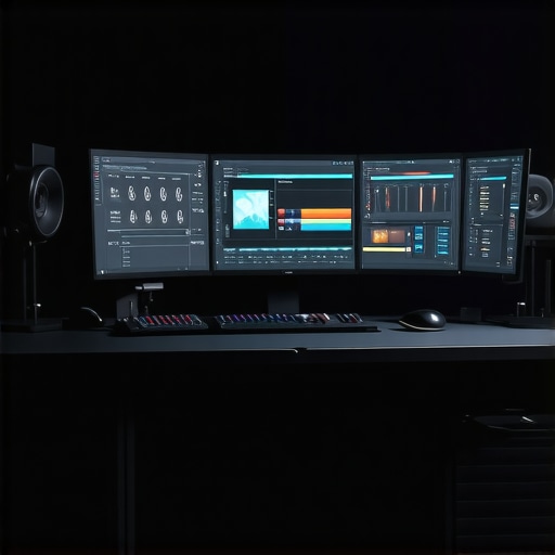 Futuristic workspace with AI software interface and ergonomic editing hardware