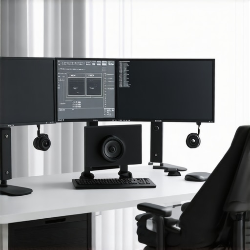 A professional editing setup with ergonomic equipment and AI-powered software on dual monitors.