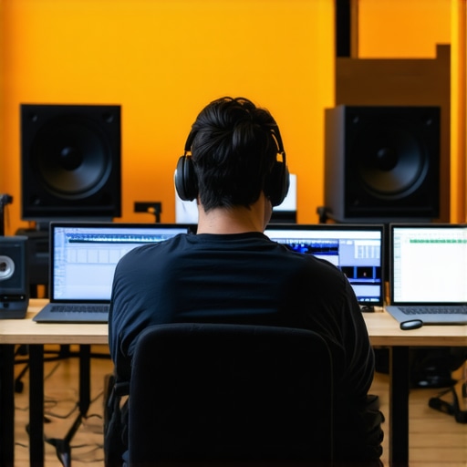 Audio engineer managing spatial sound positioning in a studio environment.