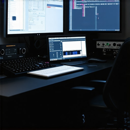 Professional editing studio with multi-monitor setup, control surfaces, and audio equipment demonstrating integrated workflows