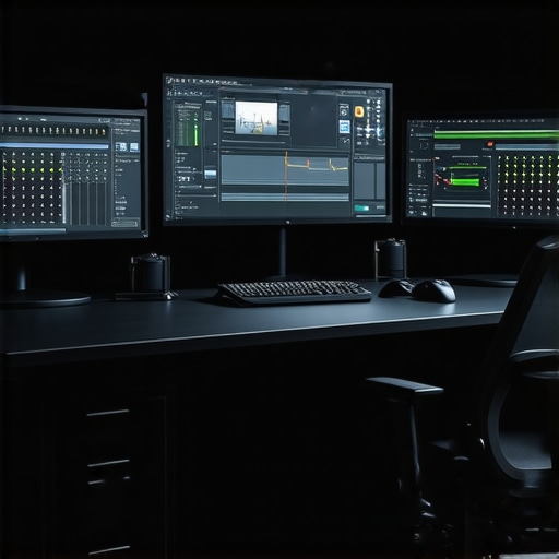 A professional editing setup featuring high-end monitors, ergonomic furniture, and latest accessories.