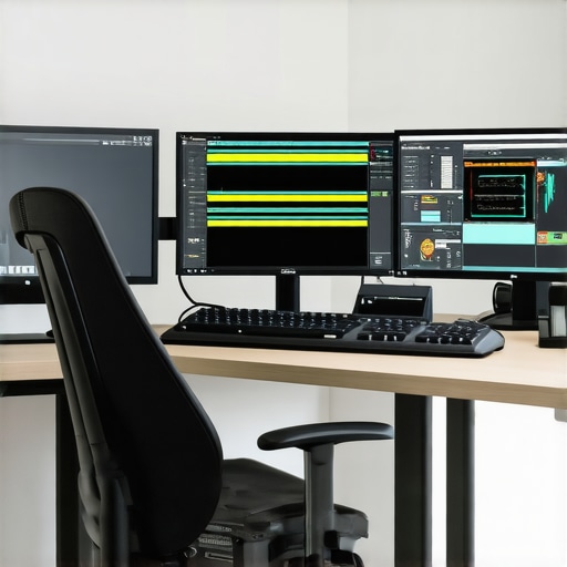 High-tech video editing workstation with dual monitors and professional accessories