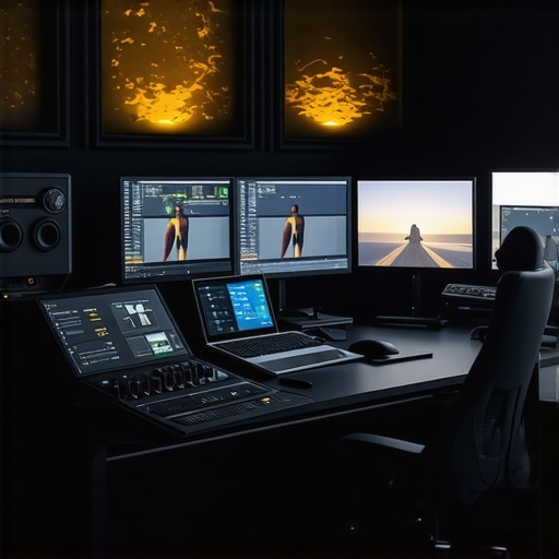 Futuristic editing studio showcasing haptic feedback devices, multiple screens, and spatial audio equipment for immersive media production.
