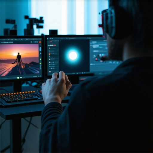 Next-Gen Editing Hardware Innovations Futuristic editing studio with AR and haptic feedback devices