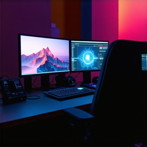 Futuristic editing workspace showcasing augmented reality overlays and AI-powered tools