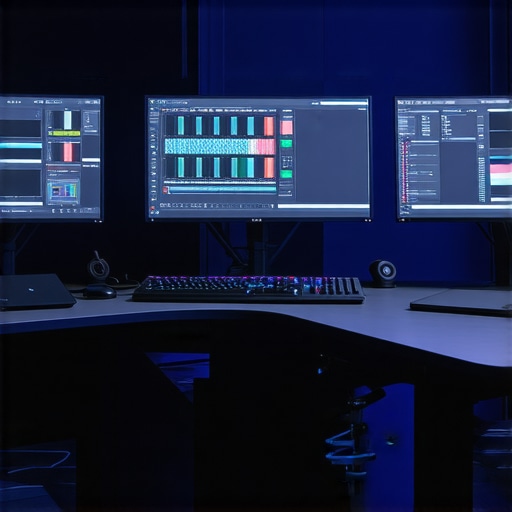 A sophisticated multimedia editing workspace with advanced calibration tools and high-performance hardware.