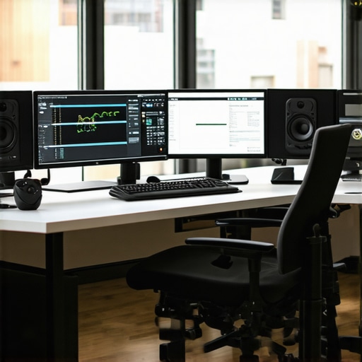 A professional editing workspace featuring ergonomic furniture, high-end hardware, and color-calibrated monitors.