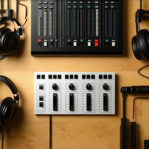 Close-up of professional headphones, audio interface, and control surface used by creators