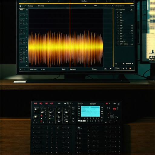 Professional editing studio featuring high-quality monitor and audio interface.