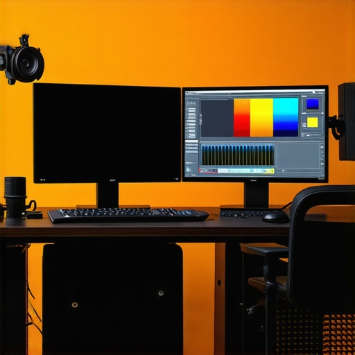 Color calibration device with editing monitors and audio interfaces in a professional studio