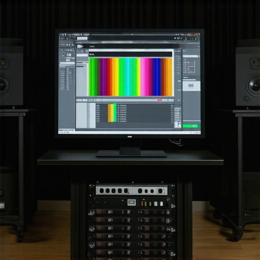 Calibrated monitor, audio interface, acoustic panels in a digital editing workspace
