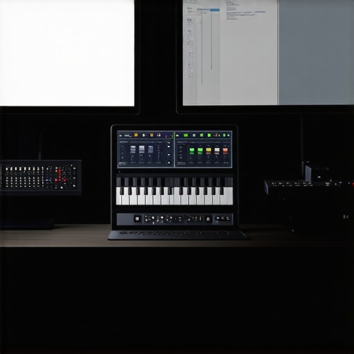 High-end editing workstation with monitors, audio interfaces, and editing software.