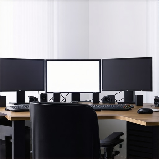 A sophisticated editing setup with high-resolution monitors, tactile controls, and calibration devices