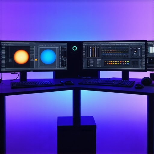 Advanced multimedia editing workstation with monitors, color grading hardware, and audio equipment