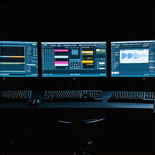 Modern video editing workstation showcasing AI integration and 4K screens