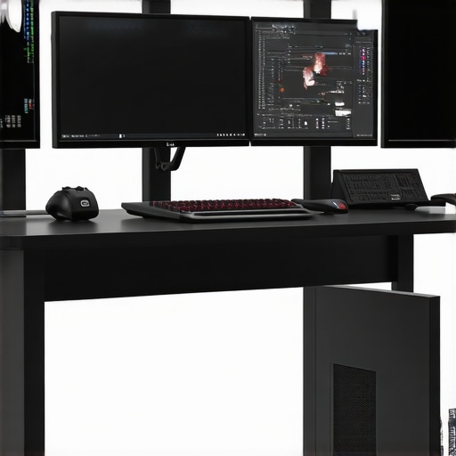 High-tech editing workstation with multiple monitors, stylus, and GPU hardware