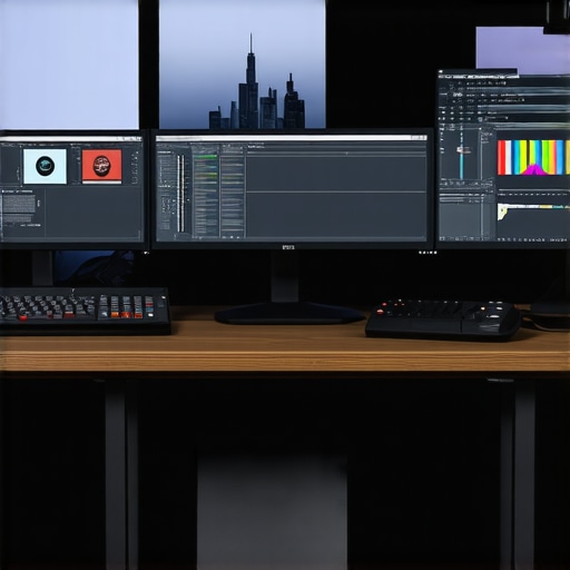 AI Color Grading Console Futuristic color grading workstation with AI interface and high-tech monitors.