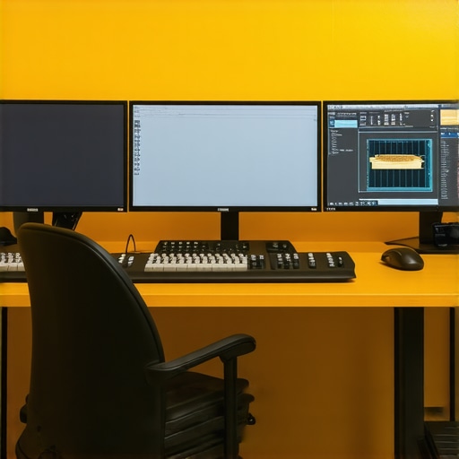 A modern editing workspace with professional hardware and software interfaces for multimedia editing