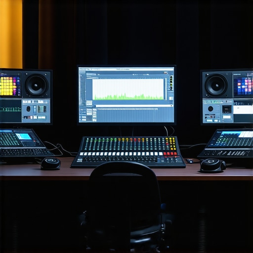 Advanced Content Creation Studio Equipment Professional editing workspace showing monitors, audio gear, and lighting