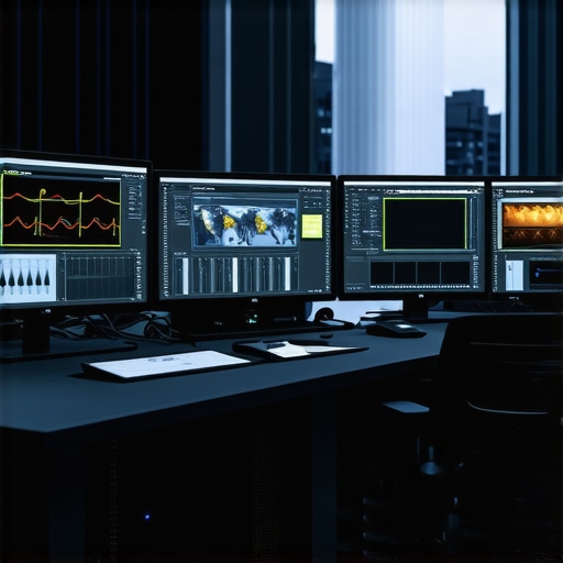 A modern professional editing room showing high-end monitors, color grading tools, and AI editing interface.